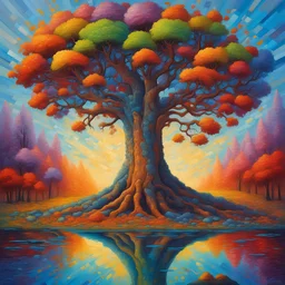 Oil painting of the tree, colorful, bright, painted impasto with thick palette knife. fantasy oil on canvas beautiful imperial colors colourful Jacek Yerka light reflections Gediminas Pranckevicius Impressionist