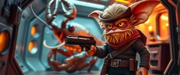 air brush 3d with pen outline,spaghetti boss gunslinger with ammo belts, western fluffy elder gremlin edgy hero with slightly glowing eyes in front of glistening space lobster dog, shallow depth of field, warm lantern, pin hole cam in doll house space ship, bottom floor board edge border