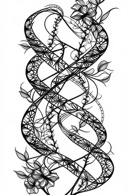 dna with flowers idea, line art, background, vector, svg, black outline on white background, leave plenty of white space beetween lines for coloring, tattoo style, tattoo idea,full body, minimalist