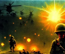 vietnam war. war. napalm. bokeh. lens flare. warm lights. high detailed. beksinski