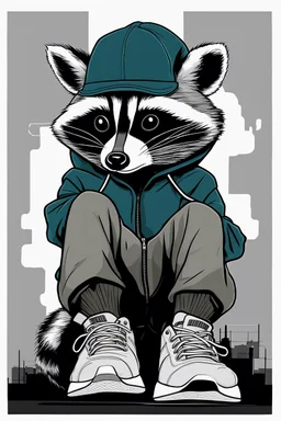 A cheeky raccoon, streetwear, hoody, sneakers,attitude,white background, 2d flat hand Drawing, wide view from below