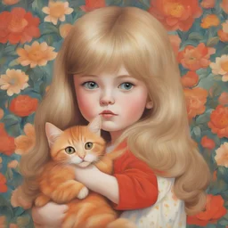 1970s, blond Little girl in red, long hair parted in the middle, hugging an orange cat, in the style of Margaret Keane, huge eyes, flowered wallpaper