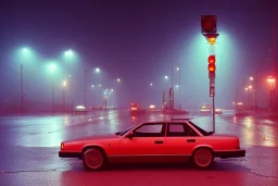 A 1990s car standing in front of a red traffic light, empty street, Cairo, 1990s, night time, rain, winter, movie scene Nick Harris style