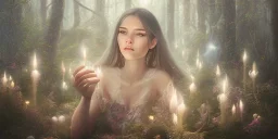 a circle of woman from all over the world, sitting in a cirle surrounded by candles and crystal, meditating in a enchanted forest, fotorealistic, high quality, landscape, 17