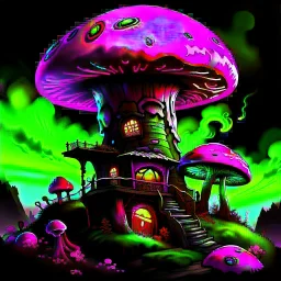 A fantabulous black, green and magenta (((mushroom tower house))) erected atop a (geologic pillar), surrounded by the uncanny imaginative ((( swirling skies))), offset by the stark hues of a (neon-tinged nebulous space scape), within. captured by the hand a skilled master painter with a focus on (softly blurred compositions and voluminous lighting).