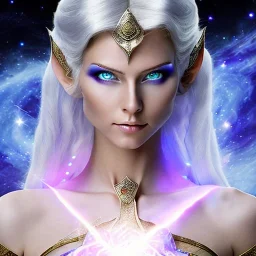 cosmic mage, elf, female, battle mage, epic, cosmic magic, long ears, white hair, face details, pale skin, jewellery, broad shoulders, glowing eyes, sharp ears, cosmic clothes, bright eyes, cosmic eyes, ears shown, light out of eyes, the cosmos in eyes, stars in eyes, shining eyes, small jaw