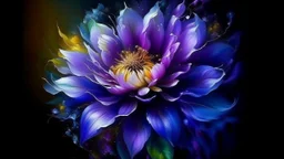 This artistic piece is an embodiment of beauty and harmony. It expertly blends the colors of the spectrum to create a mesmerizing effect that captivates both the eyes and the mind. The focal point of the artwork is a single flower, a deep lilac blossom with its delicate petals gleaming under the moonlight. The vibrant colors harmonize with the dark background in a way that creates a splendid contrast. The vibrant colors harmonize with the dark background in a way that creates a splendid contras