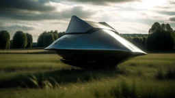 small, sleek, squat, cargo spaceship shaped like a manta ray, sitting in a field