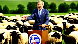 George w bush at podium speaking to large field of sheep