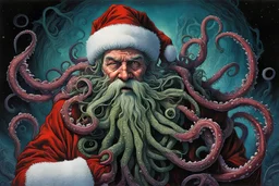 2/3 portrait of Lovecraftian Santa Claus with face tentacles, by Michael Whelan, by John Jude Palencar, by Ian Miller, dramatic surreal horror, alcohol oil painting, smooth, expansive, dark christmas colors, vivid lovecraftian images pierce through an enveloping nightmare, palpable textures, distressing hues, Palencar's distinctive visceral style, detailed line work, rich sharp colors, maximalist, UV blacklight effect