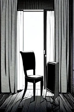 chair in the middle of an empty room, grayscale