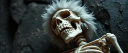 close up on fluffy laughing skeleton in a heretic place