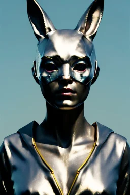 Medium Close Up Portrait, Front image. cyberpunk, rabbit mask, asian woman, silver hair. Latex suit army. white, yellow, color. Wolverine style. Color background, photo studio. Avatar image, highly detailed, concept art, smooth, unreal engine 5, ray tracing, RTX, lumen lighting, ultra detail, volumetric lighting, 3d, finely drawn, high definition, high resolution.