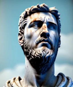 Ultra Realistic image, roman sculpture, white marble material, Lionel Messi, Caesar emperor Laurel crown, miguel angel style, chisel style, emperador, waist up portrait, epic, celestial, cinematic lighting, God light, god rays, 4k resolution, smooth details, ornate details, soft lighting, unreal engine 5, sky and clouds background.