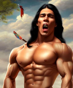 native american warrior, long black hair, big muscles, face up, mouth wide open, scream face, shirtless, looking to the sky