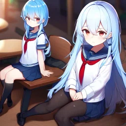 Clear focus, High resolution, long fluffy light blue hair, hair between eyes, long locks, wearing a sailor uniform, wearing a sailor skirt, long black socks, 1girl, cartoon, cute, UNFOTABLE studio, red tie, sitting, outside setting, nothing infront of character, sitting on floor