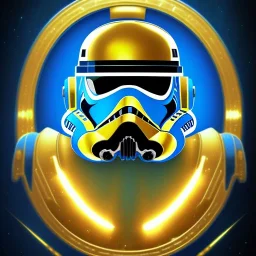 trés beau capitaine galactique, star wars style, avec costumes bleu et or , arrière fond bleu galactique étoilés, casque