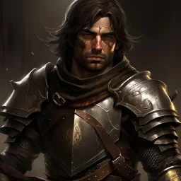 a rugged and determined knight with scars of battle etched across his weathered face, stands tall amidst the chaos of a medieval world. With dark brown hair falling to his shoulders and hazel eyes reflecting both determination and compassion, he is a master swordsman on a quest for vengeance and justice. Dressed in practical leather armor and wielding his broadsword with expert proficiency, Cedric's journey is marked by loss, survival, and the pursuit of honor in a world torn apart by conflict.