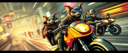 hi speed rocket ship on leaning scooter in a swing, coated rat gremlin captain in high speed pursuit among neon spy vs spy rat cyber soldiers, with background motion blur, airbrush and pen outline, in the style of Fallout 4 and Cyberpunk and GTA5, huge sun glasses with mirror reflection