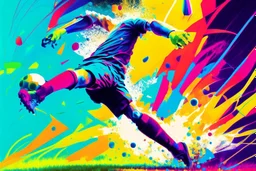 Oil painting, football match, the striker is kicking a goal, the ball is flying, bright but not neon colours, dynamic lines, dynamic blobs, spots, lines in the background of the character, like a colour explosion