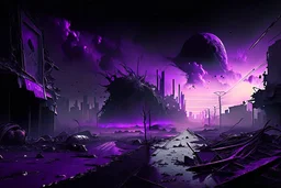 Destroyed City, Street View, Dense Purple Fog, Dead Soil, Broken Roads ,Black Night Sky, Stars, Space, Distant Alien Planets,