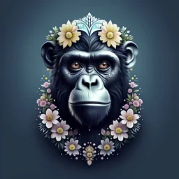 logo design, complex, trippy, bunchy, 3d lighting, 3d, chimpanzee, realistic face, colorful floral scarf, flowers, cut out, modern, symmetrical, center, black background