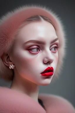 Minimalistic portrait of a beautiful woman with red lips and cold big eyes wearing earrings, a light pink fur coat in a haute couture style isolated on a dark background, cinematic lighting, ultra-realistic, shot in the style of hasselblad