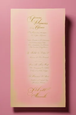 An extremely formal, funeral program written in French for a black woman on salmon pink deeply pigmented velvet paper with brilliant, brightest heavy golden greenish calligraphy fonts, simple, minimalistic, less element, very dramatic lighting