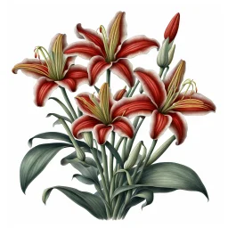 Western Red Lily botanical illustration on white background, vignette