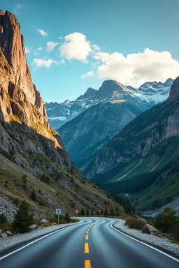 A road in a stunning mountain landscape, mountain gorge, bright color palette, high detail, perfect composition, gcinematic shot, intricate details, hyperdetail