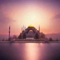 Sultanahmet Istanbul standing back to back under sky, landscape lake, sunset, illustration concept art anime