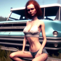 happy cute chick sitting on roof of a buss portrait, wreckfest, spectacular graphics, unreal