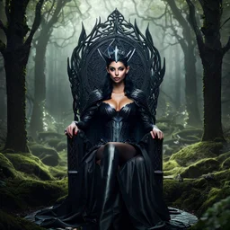 Morena Baccarin as a beautiful sexy dark elf queen seated elegantly on a throne in a mystical forest, dark celtic vignette frame, photo-realistic, cinematic lighting, award-winning photography