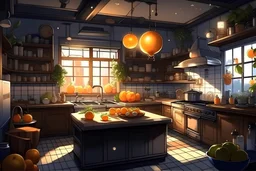 Depict a neat kitchen with a bright window and cute decorations. Introduce eerie elements like flickering lights casting unsettling silhouettes, fruits that morph from fresh to rotten in seconds, or kitchen utensils arranged in odd, almost ritualistic patterns. anime visual novel style