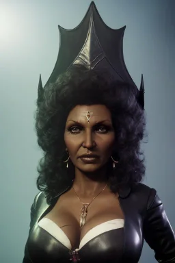 Pam Grier as evil queen in black leather, leather, busty, cleavage, angry, stern look. character design by cory loftis, fenghua zhong, ryohei hase, ismail inceoglu and ruan jia. unreal engine 5, artistic lighting, highly detailed, photorealistic, fantasy