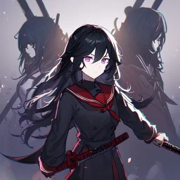 Clear focus, High resolution, rough line sketch art, long black hair, hair between eyes, fluffy hair, purple eyes, wearing a black and red sailor uniform, dark aura, mad, holding katana, bloodu