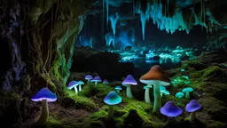 Glowing mushrooms, stalactites, stalagmites, underground lake, bats, silence, murmuring water, smell of dampness, moss, style: fantasy, lighting: bioluminescent, colors: green, blue, purple, camera: 24mm, perspective: first person, detail: high, focus: on the glowing mushroom