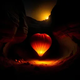 dark stone cave, huge, in the middle a hot air ballon, red, yellow orange stripes, stands on the ground, ready for uplift, fire only light in the cave, realistig high definition, details