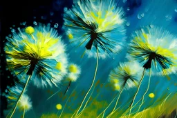 dandelions, painted in oil, ultrasharp, with a splash of colors