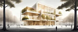 Dibujo arquitectónico de un edificio de cinco pisos, moderno, minimalista, proporción aurea, calidad ultra, árboles, gente