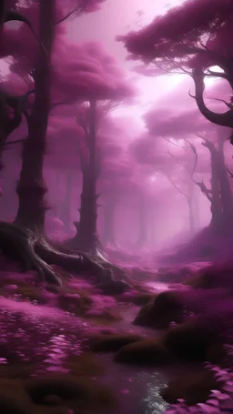 high fantasy forest a high fantasy vibe pinkish purple.