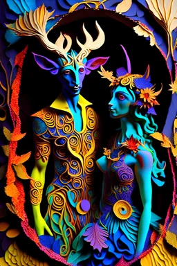 "Satyr Union"; surreal Satyr and Nymph couple wearing colorful Royal wedding attire made with quilling found in nature; Avant-garde