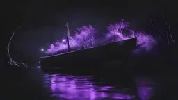 Photoreal magnificent large neon glowing purple chrystal protruding from the bough of a boat shrouded in extreme pitch black darkness by lee jeffries, in the style of fantasy movies, photorealistic, shot on Hasselblad h6d-400c, zeiss prime lens, bokeh like f/0.8, tilt-shift lens 8k, high detail, smooth render, unreal engine 5, cinema 4d, HDR, dust effect, vivid colors