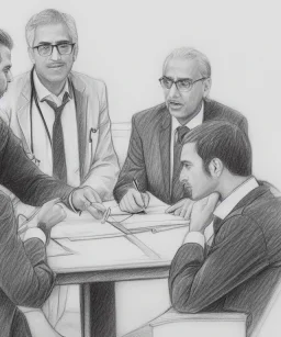 Pencil sketch of Four doctors are discussing ، on lined paper