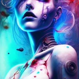 Singer Danish MØ face, wildflower, darkblue tones, background liquid, blood, guts, soft smooth lighting, intricate, watercolor soft pastel colors, pastel colors, Abstract Yoji Shinkawa, red tones, nice cyberpunk, dark tones, beautiful cyberpunk, huge girl, high lighting,