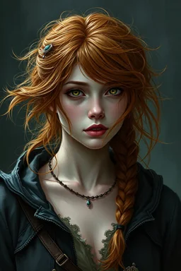 a pretty fantasy woman, young, messy ginger hair, protective, troubled, dark fantasy art