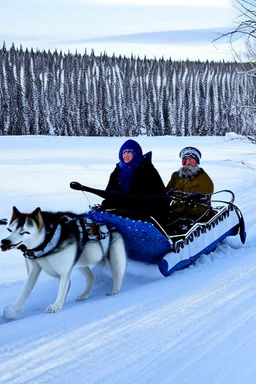 Matthew y Margaret se encuentran en un trineo tirado por un husky mientras viajan por un paisaje nevado. Se ven emocionados y un poco asustados