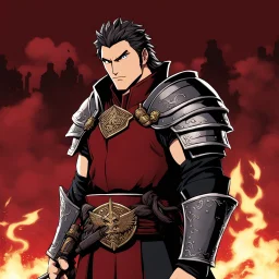 [wii No More Heroes style with thick lines] Last of the Dragon-Blooded kings, Uther rose as a Romano-British warlord during the age of collapse. He bore the standard of the red dragon—symbol of fire, war, and conquest—and ruled with iron will and brutal charisma. Desperate to secure his legacy, he bargained with Merlin for power, deceived Igraine, and sired a son in secret: Arthur. Though mighty in battle, Uther’s pride and ambition fractured the realm, leaving behind both a throne and a curse.