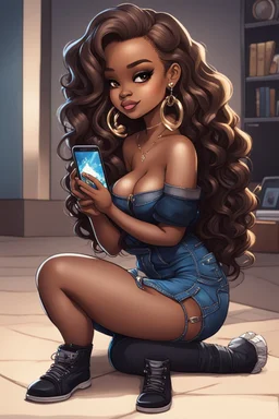 Create a urban culture art of a black chibi curvy female sitting on the floor looking at her cell phone. She is wearing tight blue jeans and a black off the shoulder blouse. Prominent make up with lush lashes. Highly detailed wavy ombre blonde and brown long hair. She is also wearing silver large hoop earrings