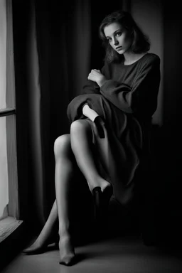 Fine art photography. Artistic photo of a young Polish woman wearing only violet stockings taken in a photo atelier with a Mamiya M645 camera with a portrait lens on classic Ilford medium-format film, contrast light, high-key